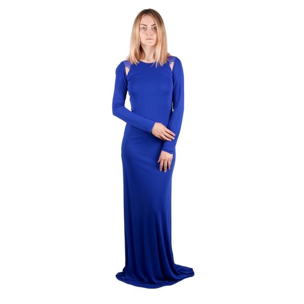 Roberto Cavalli Royal Blue Fitted Maxi Dress Lace Shoulder Insert 38it-4us
